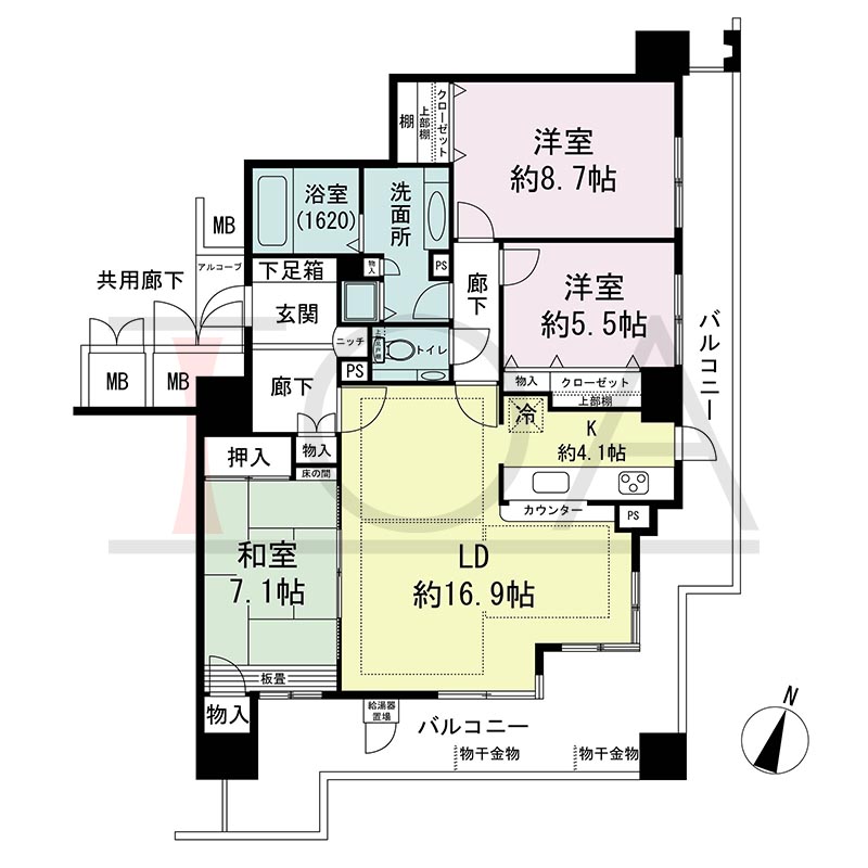 ウェルブ六甲道1番街の間取り図 南東向き角 3LDK 専有面積99.26m2
バルコニー面積30.29m2
アルコーブ面積1.67m2