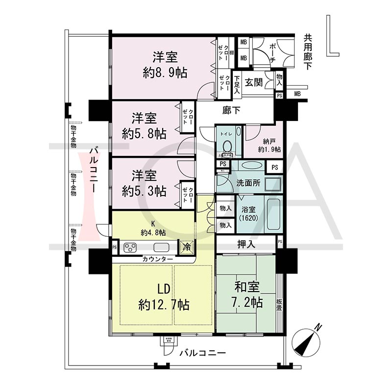ウェルブ六甲道1番街の間取り図 南西向き角 4LDK+納戸 専有面積107.32m2
バルコニー面積42.13m2
ポーチ面積3.11m2