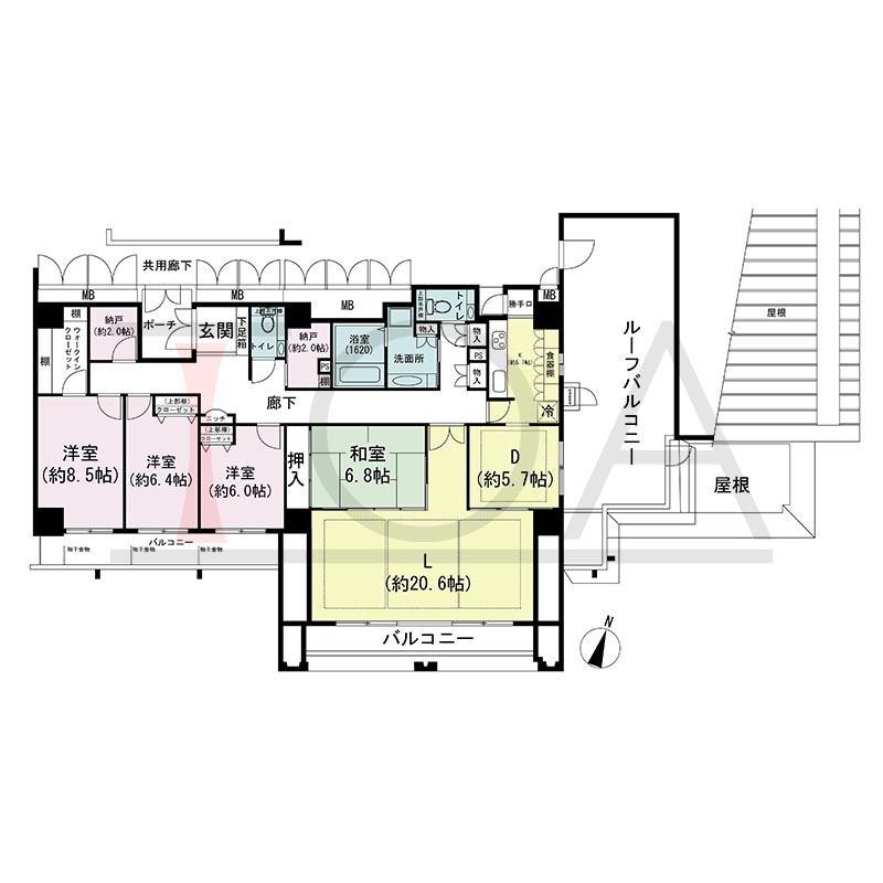 ウェルブ六甲道1番街の間取り図 南東向き角 4LDK+2納戸 専有面積157.19m2
バルコニー面積21.17m2
ルーフバルコニー面積40.19m2
ポーチ面積4.42m2