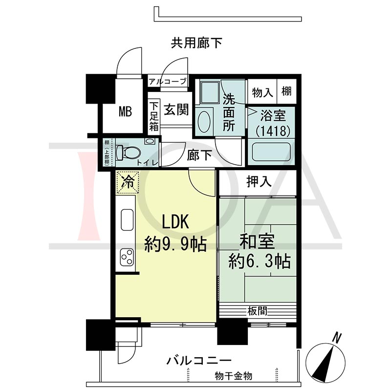 ウェルブ六甲道2番街の間取り図 南向き 1LDK 専有面積43.95m2
バルコニー面積11.44m2
アルコーブ面積0.58m2