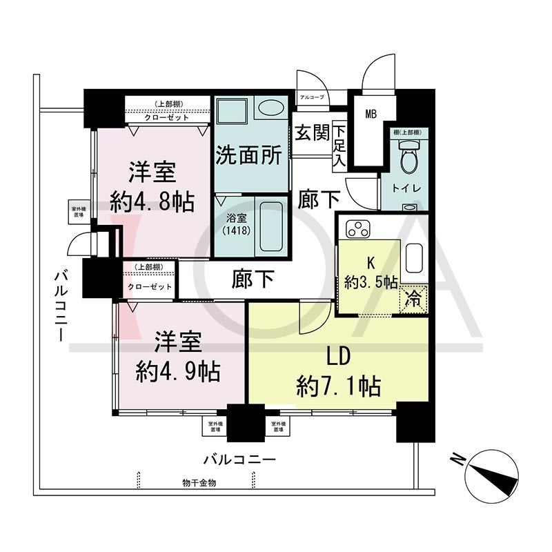 ウェルブ六甲道2番街の間取り図 北西向き角 2LDK 専有面積57.46m2
バルコニー面積29.45m2
アルコーブ面積0.58m2