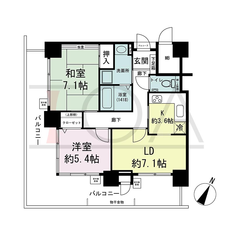 ウェルブ六甲道2番街の間取り図 南西向き角 2LDK 専有面積59.36m2
バルコニー面積29.52m2
アルコーブ面積0.58m2