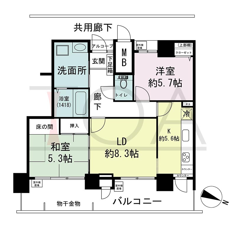 ウェルブ六甲道2番街の間取り図 東向き 2LDK 専有面積65.05m2
バルコニー面積18.20m2
アルコーブ面積0.58m2