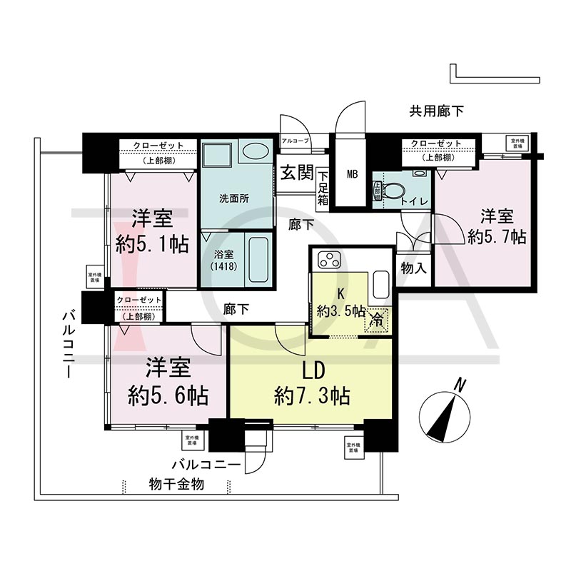 ウェルブ六甲道2番街の間取り図 南西向き角 3DK 専有面積73.66m2
バルコニー面積31.39m2
アルコーブ面積0.58m2