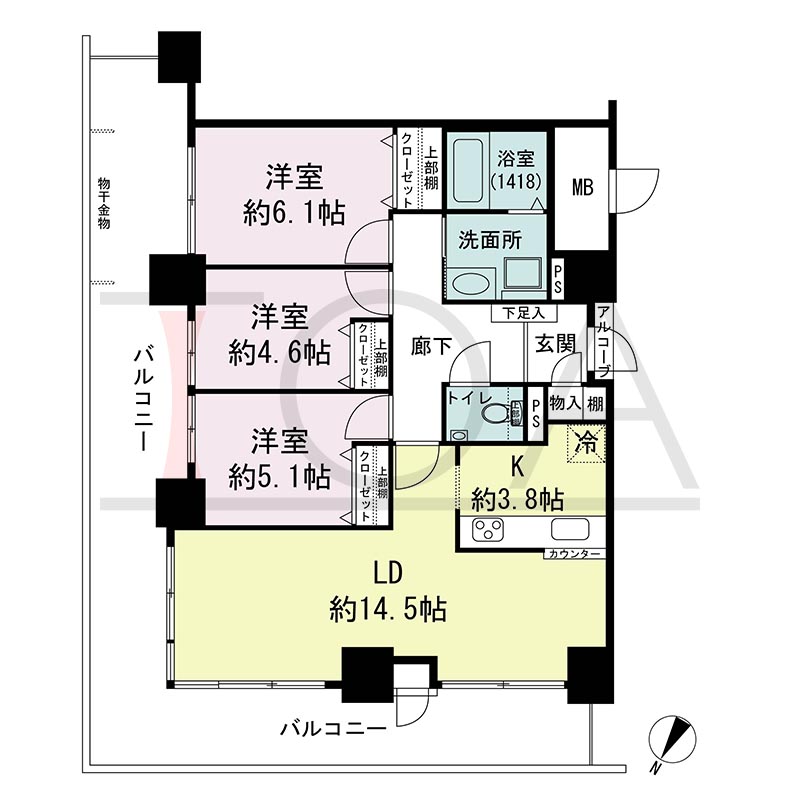 ウェルブ六甲道2番街の間取り図 北東向き角 3LDK 専有面積79.05m2
バルコニー面積34.46m2
アルコーブ面積0.94m2