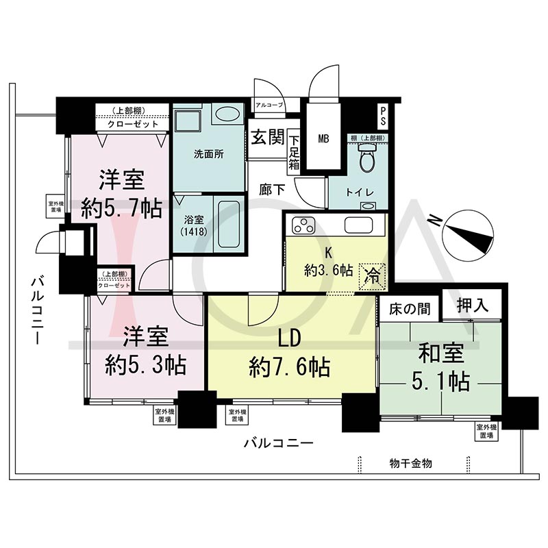 ウェルブ六甲道2番街の間取り図 北西向き角 3DK 専有面積71.94m2
バルコニー面積35.75m2
アルコーブ面積0.58m2