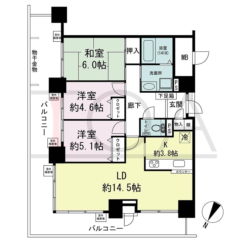 ウェルブ六甲道2番街の間取り図 北東向き角 3LDK 専有面積79.05m2
バルコニー面積34.46m2
アルコーブ面積0.94m2