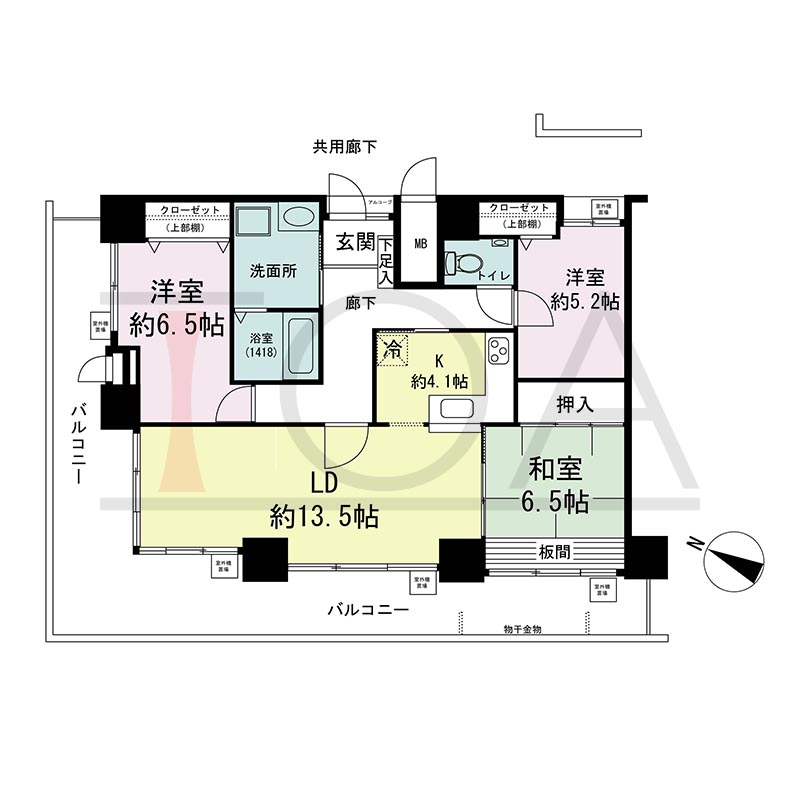 ウェルブ六甲道2番街の間取り図 北西向き角 3LDK 専有面積86.30m2
バルコニー面積34.55m2
アルコーブ面積0.58m2
