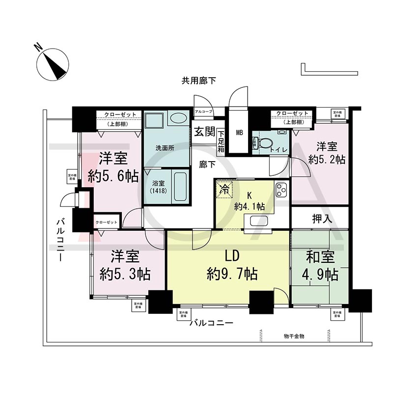 ウェルブ六甲道2番街の間取り図 北西向き角 4LDK 専有面積86.30m2
バルコニー面積34.55m2
アルコーブ面積0.58m2