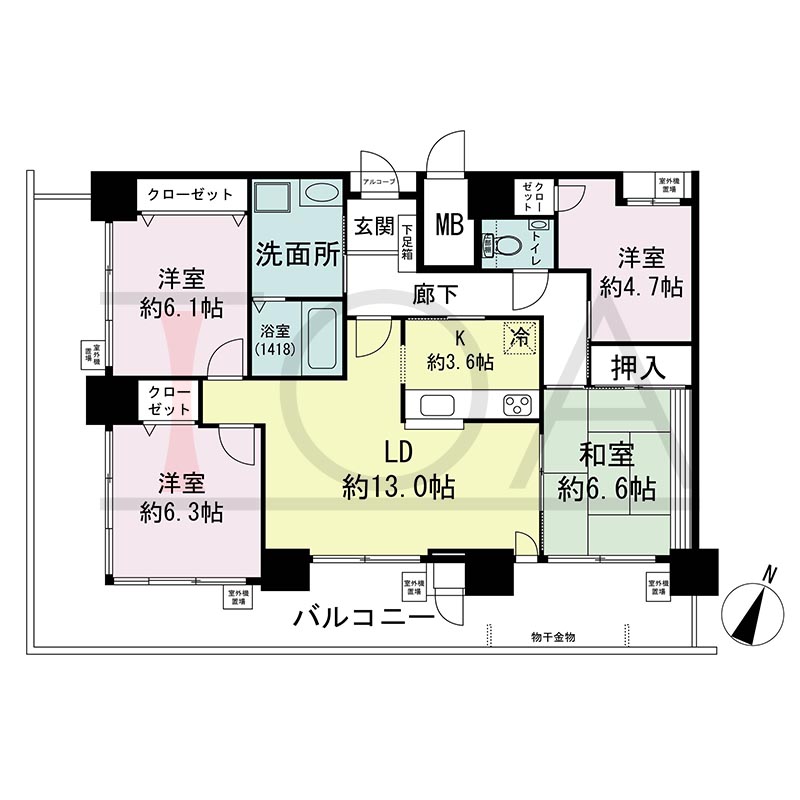ウェルブ六甲道2番街の間取り図 南西向き角 4LDK 専有面積92.52m2
バルコニー面積34.38m2
アルコーブ面積0.58m2