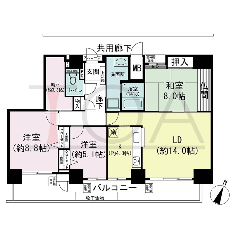ウェルブ六甲道2番街の間取り図 南東向き角 3LDK+N 専有面積98.88m2
バルコニー面積19.43m2
アルコーブ面積0.74m2