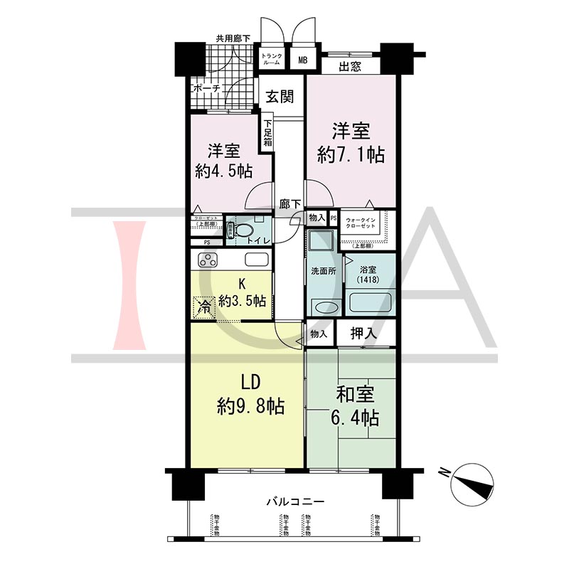 ウェルブ六甲道3番街2番館の間取り図 西向き 3LDK 専有面積73.46m2
バルコニー面積11.93m2(404号室)
バルコニー面積12.60m2(503・704・804・904・1004号室)
ルーフバルコニー面積33.35m2(304号室)
ポーチ面積4.17m2