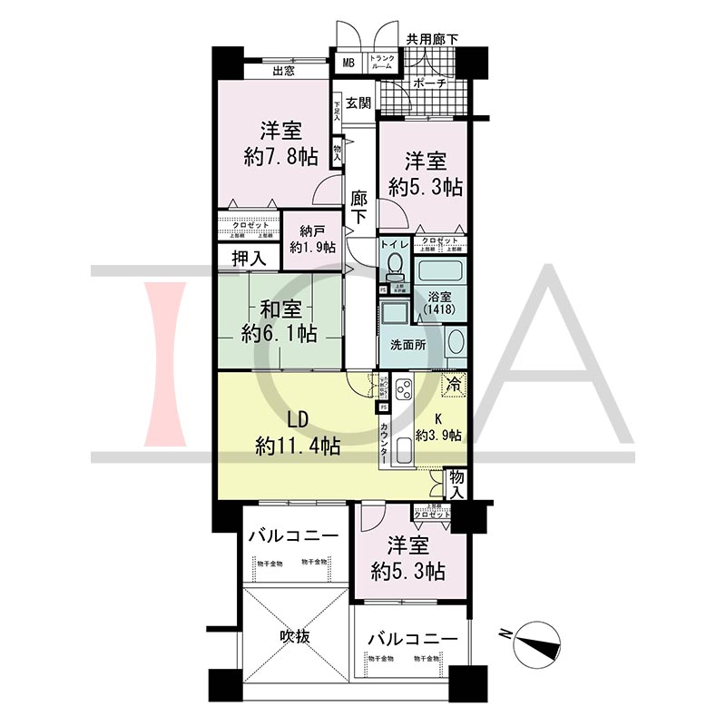 ウェルブ六甲道3番街2番館の間取り図 西向き 4LDK+納戸 専有面積93.73m2
バルコニー面積14.98m2
ポーチ面積4.76m2