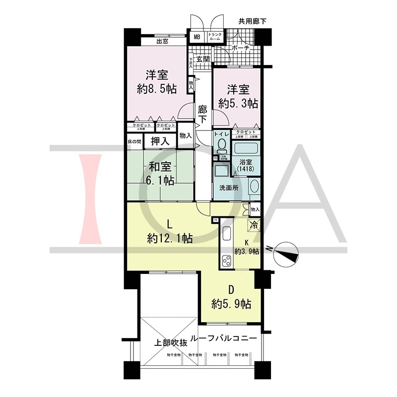 ウェルブ六甲道3番街2番館の間取り図 西向き 3LDK 専有面積93.73m2
ルーフバルコニー面積23.83m2
ポーチ面積4.76m2