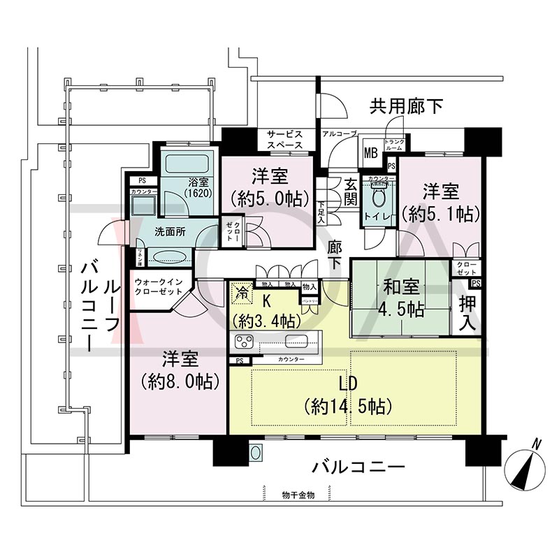 摩耶シティCOMFORT(摩耶シティコンフォート)の間取り図 南東南西向き角 4LDK 専有面積93.00m2
バルコニー面積23.70m2
ルーフバルコニー面積25.01m2
アルコーブ面積1.58m2
サービススペース面積1.51m2