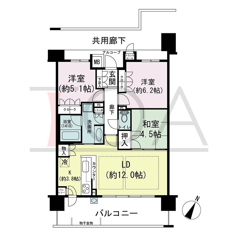 摩耶シティCOMFORT(摩耶シティコンフォート)の間取り図 南東向き 3LDK 専有面積70.87m2
バルコニー面積15.40m2
アルコーブ面積1.74m2
テラス面積22.33m2※テラス住戸タイプのみ