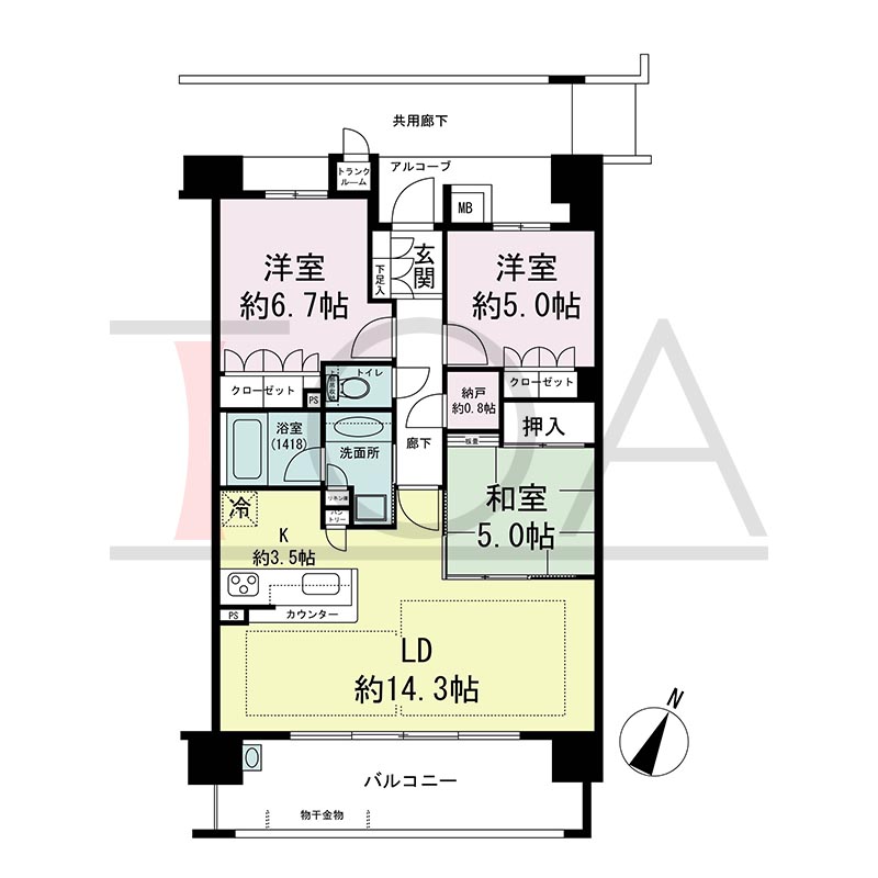 摩耶シティCOMFORT(摩耶シティコンフォート)の間取り図 南東向き 3LDK+N 専有面積75.43m2
バルコニー面積14.40m2
アルコーブ面積1.89m2
テラス面積20.88m2※テラス住戸タイプのみ