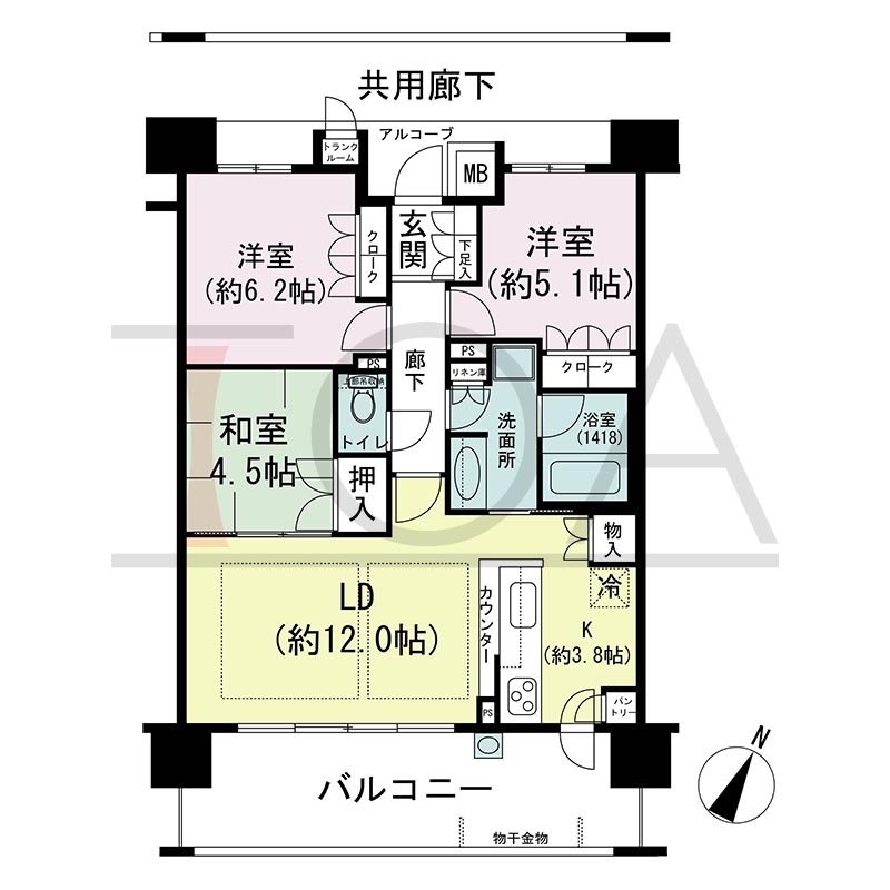 摩耶シティCOMFORT(摩耶シティコンフォート)の間取り図 南東向き 3LDK 専有面積70.87m2
バルコニー面積15.40m2
アルコーブ面積1.74m2
テラス面積22.33m2※テラス住戸タイプのみ