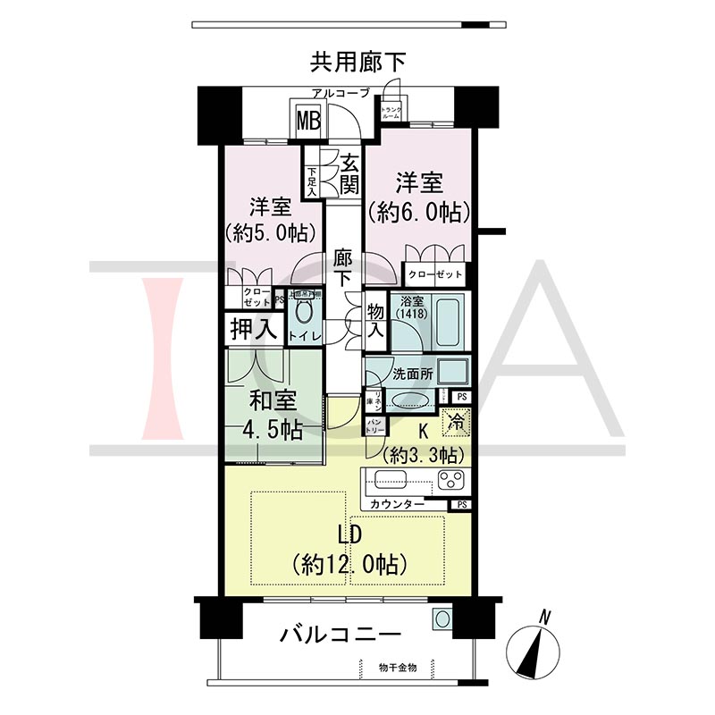 摩耶シティCOMFORT(摩耶シティコンフォート)の間取り図 南向き 3LDK 専有面積70.40m2
バルコニー面積12.40m2
アルコーブ面積1.65m2
テラス面積17.98m2※テラス住戸タイプのみ