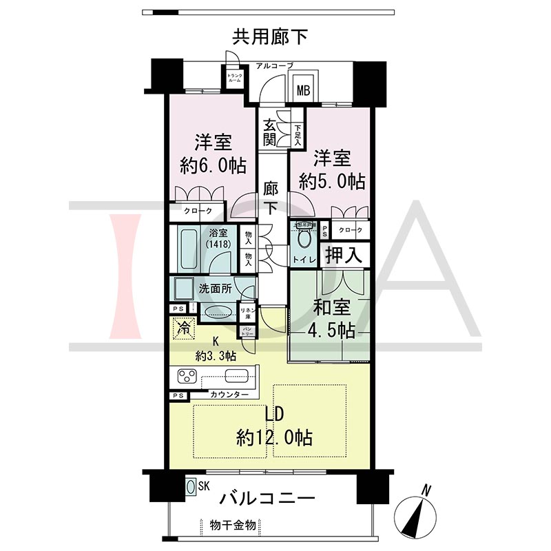 摩耶シティCOMFORT(摩耶シティコンフォート)の間取り図 南向き 3LDK 専有面積70.40m2
バルコニー面積12.40m2
アルコーブ面積1.65m2
テラス面積17.98m2※テラス住戸タイプのみ