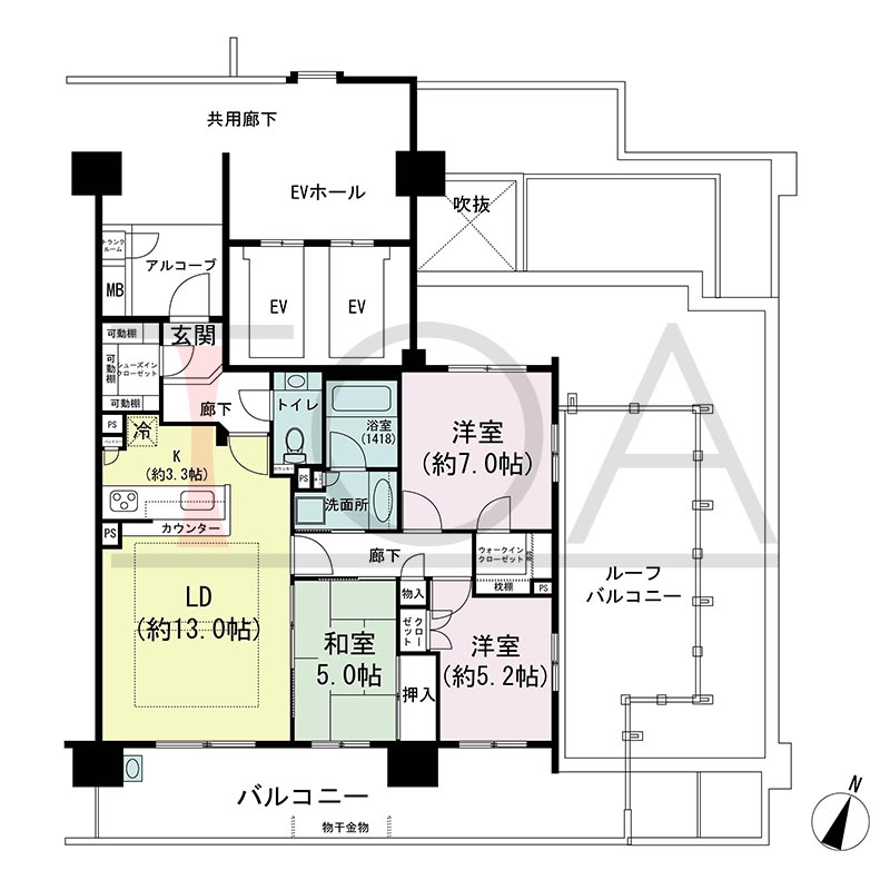 摩耶シティCOMFORT(摩耶シティコンフォート)の間取り図 南東向き角 3LDK 専有面積79.90m2
バルコニー面積21.62m2
ルーフバルコニー面積20.62m2
アルコーブ面積3.99m2