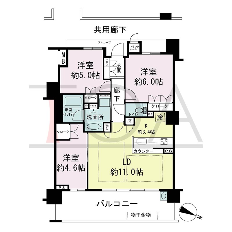 摩耶シティCOMFORT(摩耶シティコンフォート)の間取り図 東向き 3LDK 専有面積65.88m2
バルコニー面積15.20m2
アルコーブ面積1.52m2
サービススペース面積2.28m2(1階のみ)