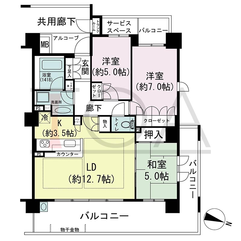 摩耶シティCOMFORT(摩耶シティコンフォート)の間取り図 北東向き角 3LDK 専有面積74.49m2
バルコニー面積27.18m2
アルコーブ面積2.86m2
サービススペース面積2.20m2