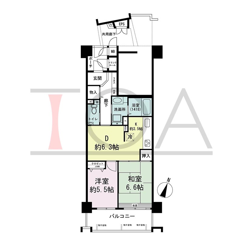 ウェルブ六甲道6番街1番館の間取り図 南向き 2DK 専有面積53.86m2
バルコニー面積9.60m2
ポーチ面積3.55m2