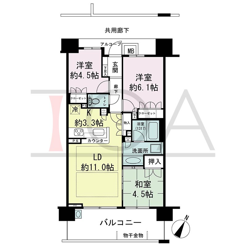 摩耶シティNADA EXCEED(摩耶シティナダエクシード)の間取り図 南向き 3LDK 専有面積65.20m2
バルコニー面積14.08m2
アルコーブ面積1.36m2