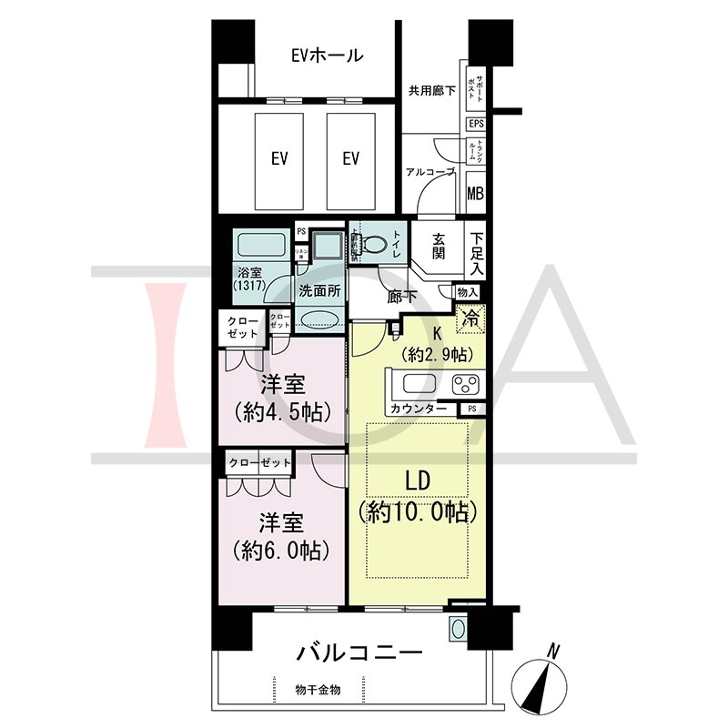 摩耶シティNADA EXCEED(摩耶シティナダエクシード)の間取り図 南向き 2LDK 専有面積54.56m2
バルコニー面積13.64m2
アルコーブ面積2.75m2