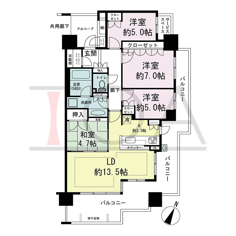 摩耶シティNADA EXCEED(摩耶シティナダエクシード)の間取り図 南東向き角 4LDK 専有面積88.89m2
バルコニー面積29.90m2
サービススペース面積2.03m2
アルコーブ面積5.12m2