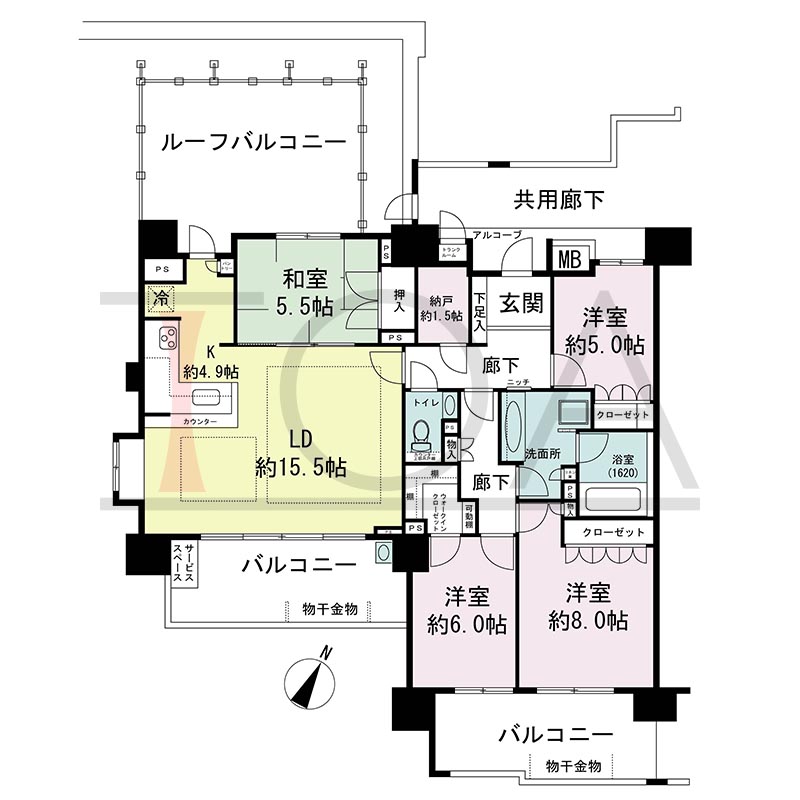 摩耶シティNADA EXCEED(摩耶シティナダエクシード)の間取り図 南西向き角 4LDK 専有面積106.81m2
バルコニー面積23.06m2
ルーフバルコニー面積20.96m2
アルコーブ面積2.04m2
サービススペース面積0.71m2