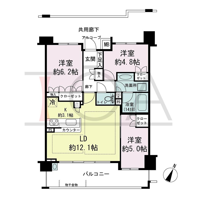 摩耶シティNADA FRONT(摩耶シティナダフロント)の間取り図 南東向き 3LDK 専有面積68.44m2
バルコニー面積13.36m2