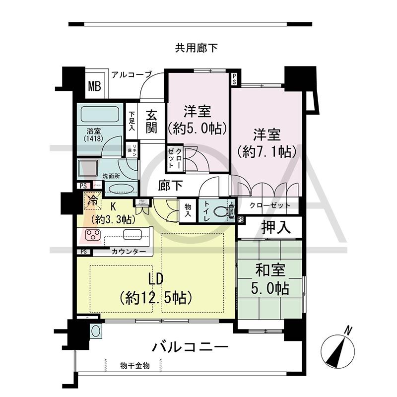摩耶シティNADA FRONT(摩耶シティナダフロント)の間取り図 南東北東向き角 3LDK 専有面積73.47m2
バルコニー面積14.91m2
