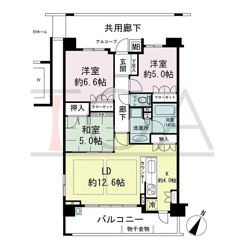 摩耶シティNADA FRONT(摩耶シティナダフロント)の間取り図 南東南西向き角 3LDK 専有面積73.41m2
バルコニー面積12.85m2