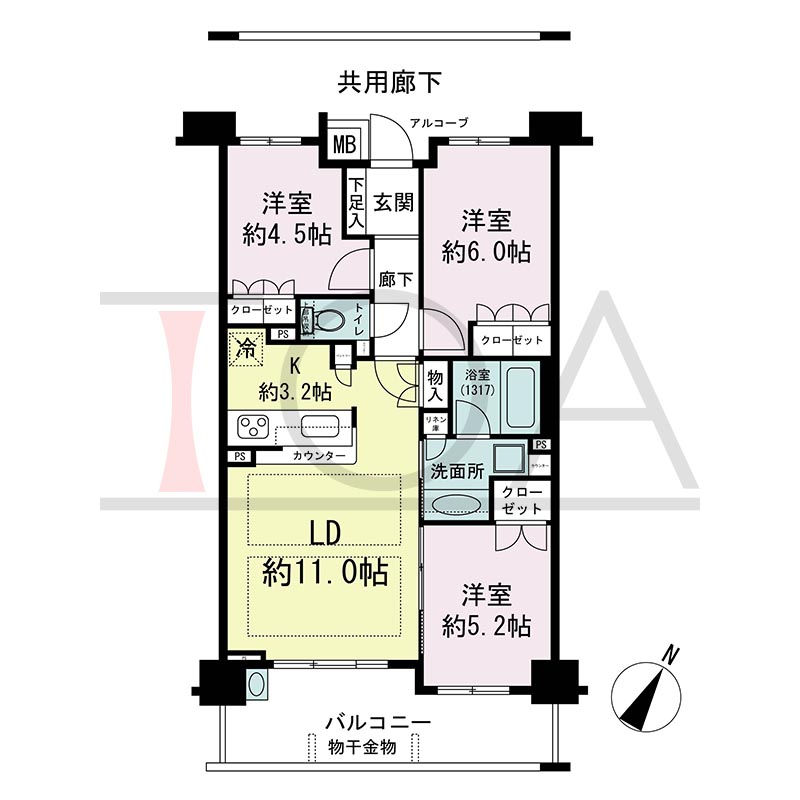 摩耶シティNADA FRONT(摩耶シティナダフロント)の間取り図 南東向き 3LDK 専有面積65.22m2
バルコニー面積10.94m2