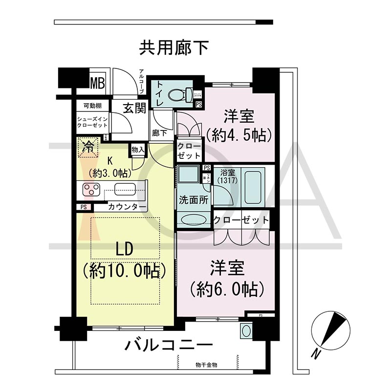 摩耶シティNADA FRONT(摩耶シティナダフロント)の間取り図 北西向き 2LDK 専有面積53.58m2
バルコニー面積10.53m2