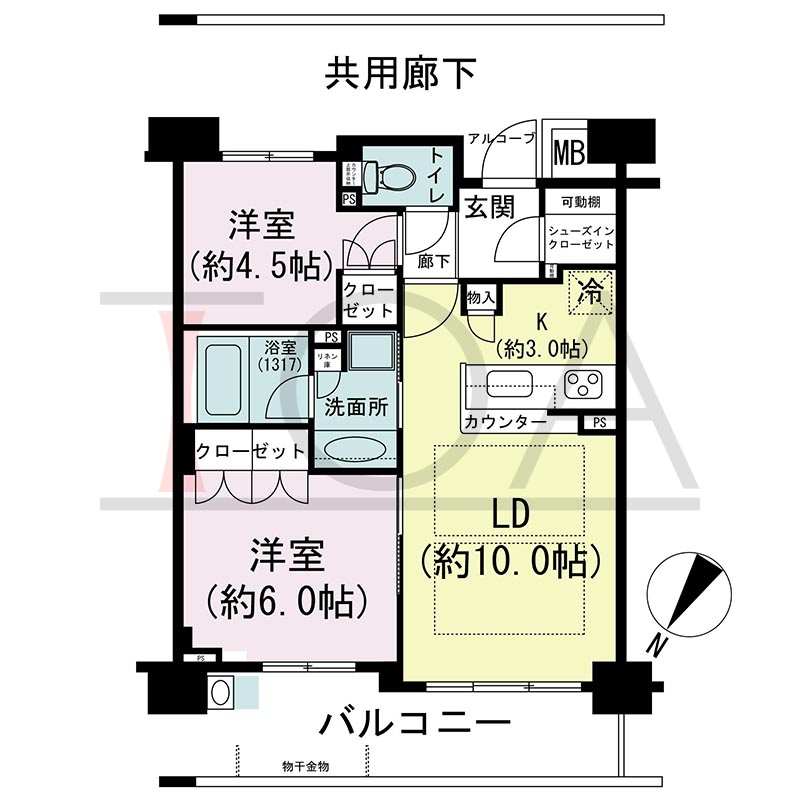摩耶シティNADA FRONT(摩耶シティナダフロント)の間取り図 北西向き 2LDK 専有面積53.58m2
バルコニー面積10.46m2