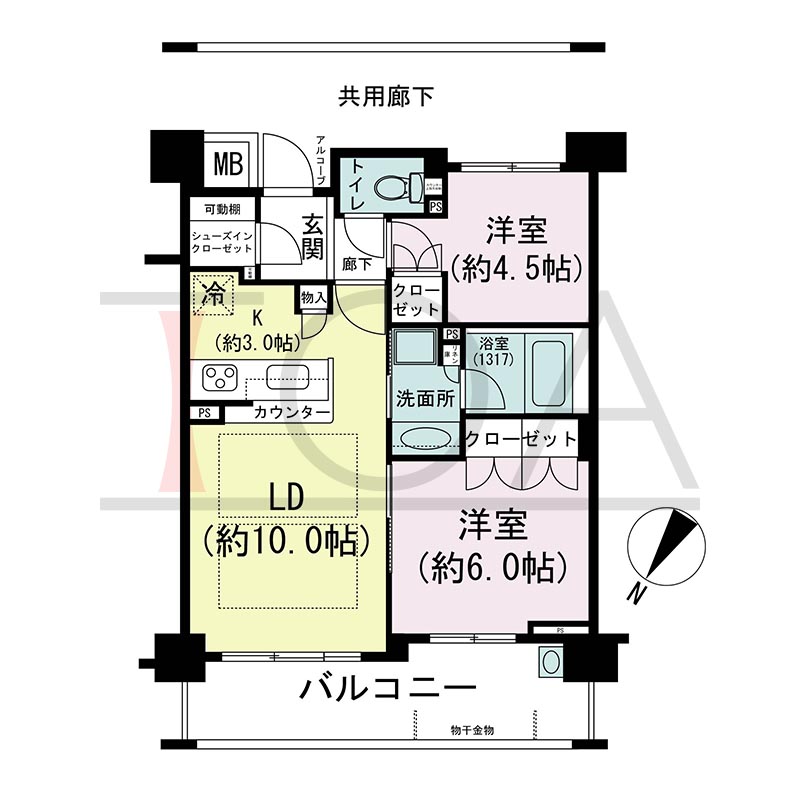 摩耶シティNADA FRONT(摩耶シティナダフロント)の間取り図 北西向き 2LDK 専有面積53.58m2
バルコニー面積10.46m2