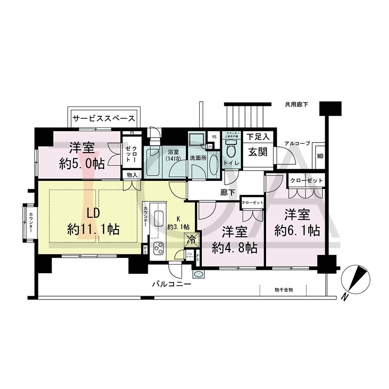 摩耶シティNADA FRONT(摩耶シティナダフロント)の間取り図 北西北東向き角 3LDK 専有面積68.57m2
バルコニー面積19.34m2
サービススペース面積2.70m2