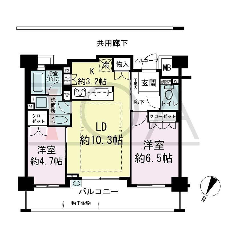 摩耶シティNADA FRONT(摩耶シティナダフロント)の間取り図 北西向き 2LDK 専有面積56.61m2
バルコニー面積12.88m2