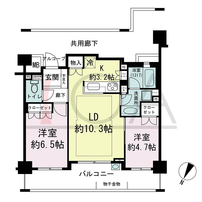 摩耶シティNADA FRONT(摩耶シティナダフロント)の間取り図 北西向き 2LDK 専有面積56.61m2
バルコニー面積12.88m2