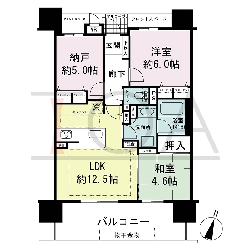 リベール灘アビリアの間取り図 南向き 2LDK+N 専有面積63.65m2
バルコニー面積13.65m2
アルコーブ面積1.26m2