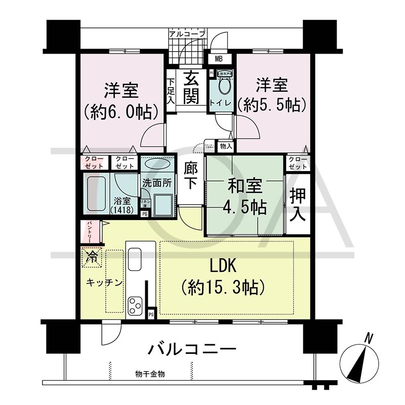 リベール灘アビリアの間取り図 南向き 3LDK 専有面積70.48m2
バルコニー面積16.65m2
アルコーブ面積1.50m2