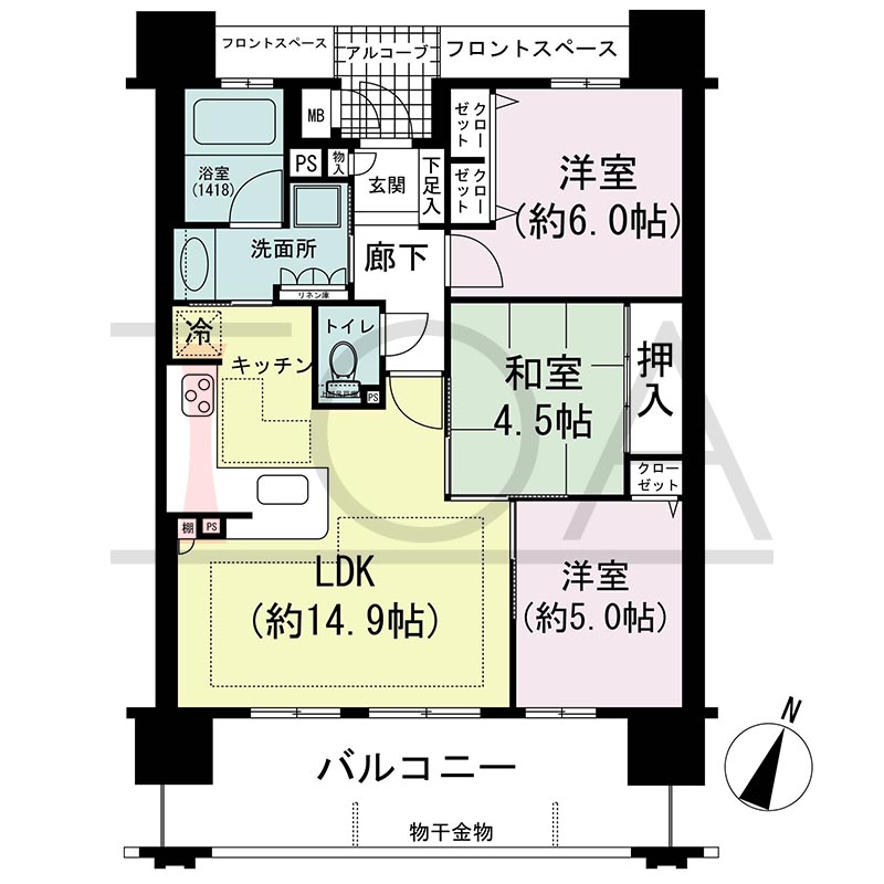リベール灘アビリアの間取り図 南向き 3LDK 専有面積67.15m2
バルコニー面積14.55m2
アルコーブ面積2.20m2