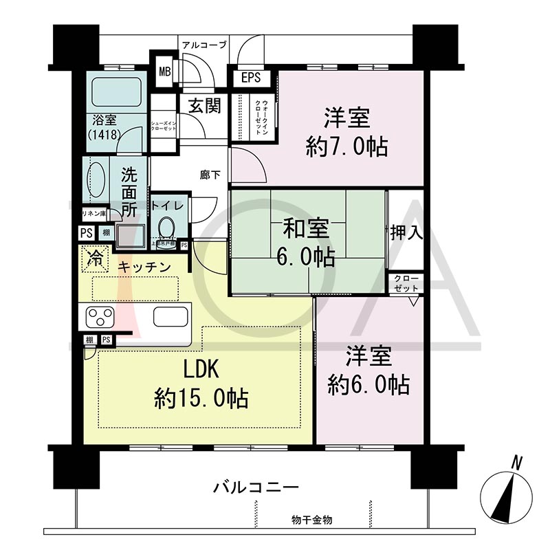 リベール灘アビリアの間取り図 南向き 3LDK 専有面積74.18m2
バルコニー面積16.80m2
アルコーブ面積1.59m2