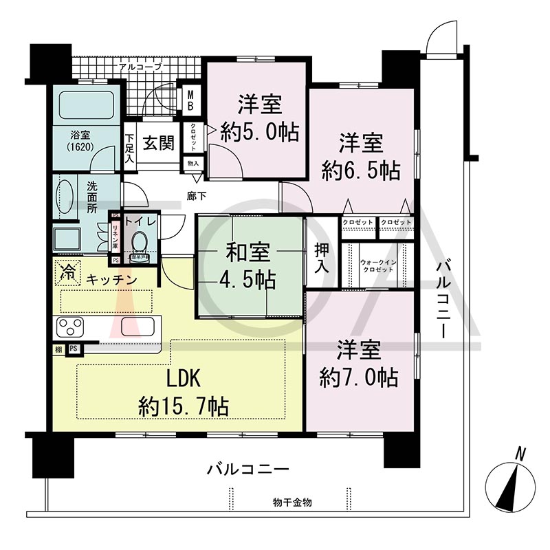 リベール灘アビリアの間取り図 南東向き角 4LDK 専有面積86.70m2
バルコニー面積32.62m2
アルコーブ面積3.79m2