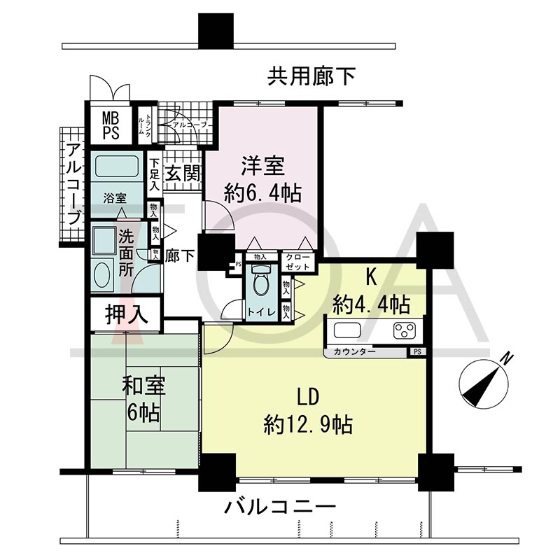 キャナルタウン中央の間取り図 南東向き 2LDK 専有面積65.28m2
バルコニー面積13.25m2
トランクルーム面積0.55m2
