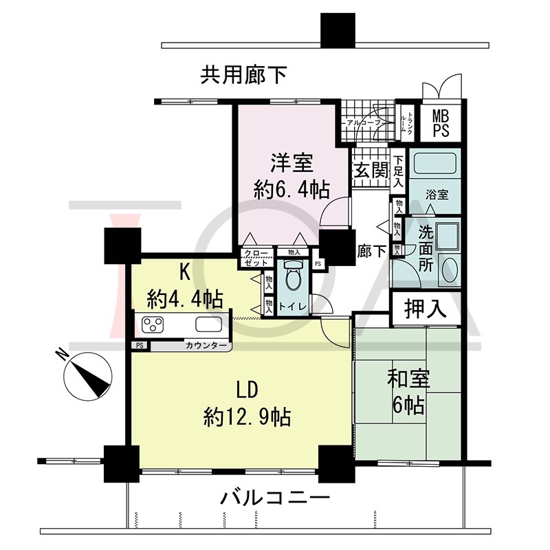 キャナルタウン中央の間取り図 南西向き 2LDK 専有面積65.34m2
バルコニー面積13.25m2
トランクルーム面積0.55m2