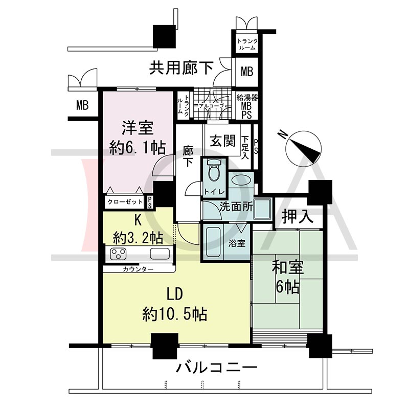 キャナルタウン中央の間取り図 南西向き 2LDK 専有面積61.34m2
バルコニー面積13.60m2
トランクルーム面積0.60m2